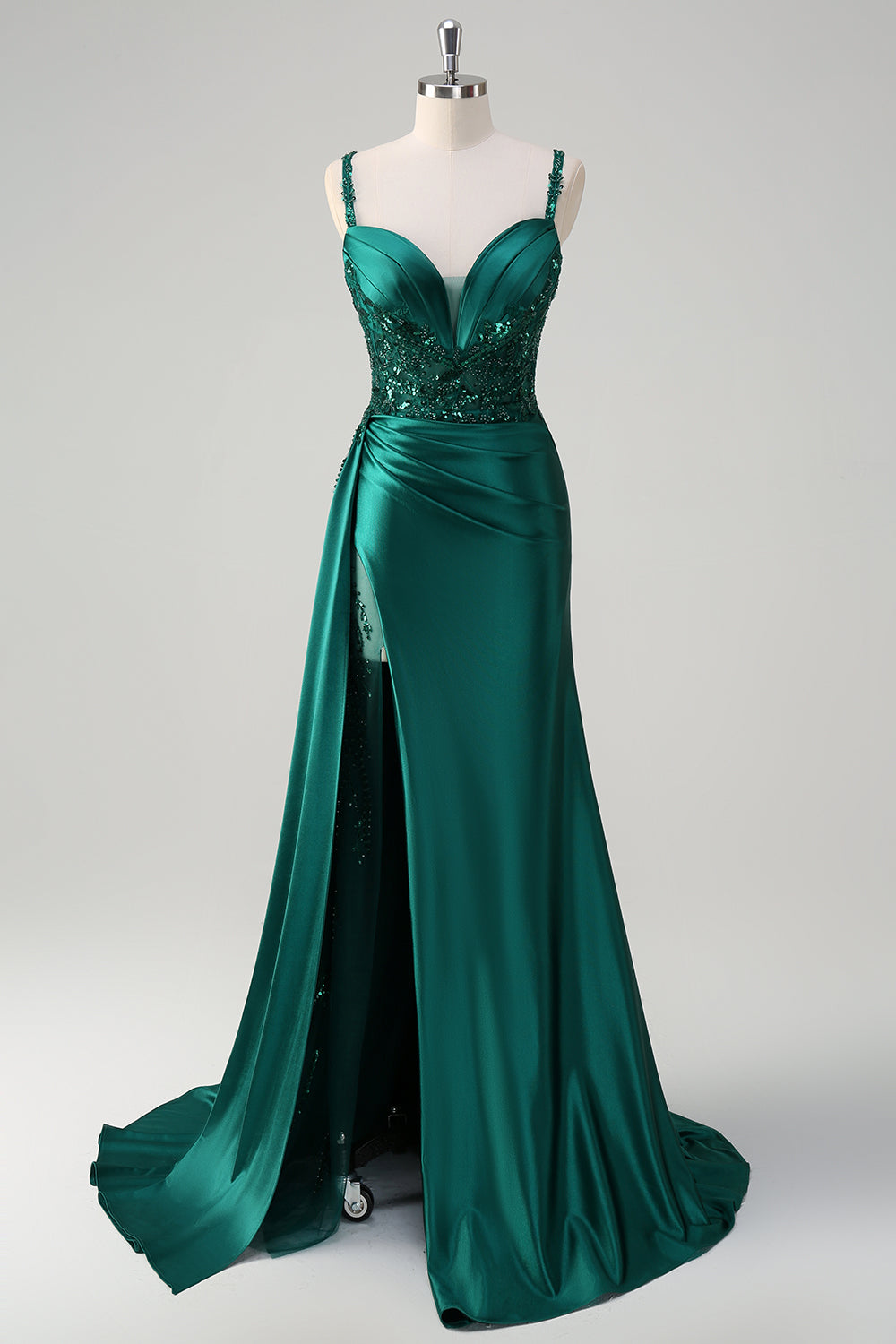 WEDTREND Women Sparkly Dark Green Satin Prom Dress with Slit Mermaid Side Streamer Corset Sequins Ruched Evening Dress WEDTREND Women Sparkly Dark Green Satin Prom Dress with Slit Mermaid Side Streamer Corset Sequins Ruched Evening Dress
