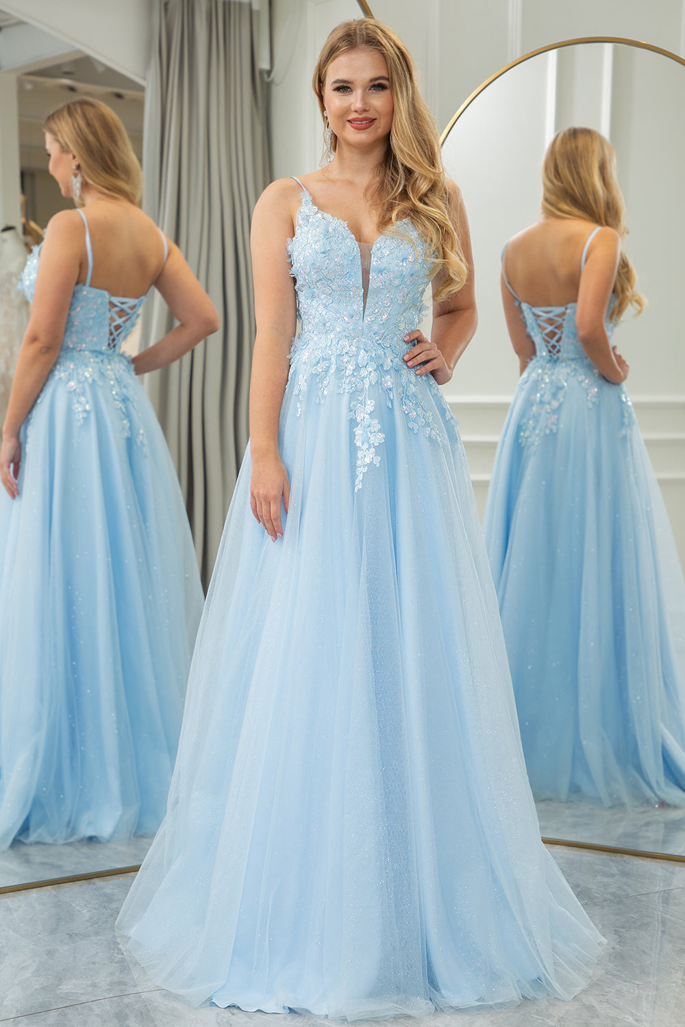 Light Blue A Line Tulle Long Prom Dress With Sequined Appliques