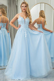 Light Blue A Line Tulle Long Prom Dress With Sequined Appliques