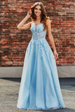 Light Blue A Line Spaghetti Straps Corset Prom Dress with Appliques