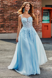 Light Blue A Line Spaghetti Straps Corset Prom Dress with Appliques
