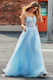 Light Blue A Line Spaghetti Straps Corset Prom Dress with Appliques