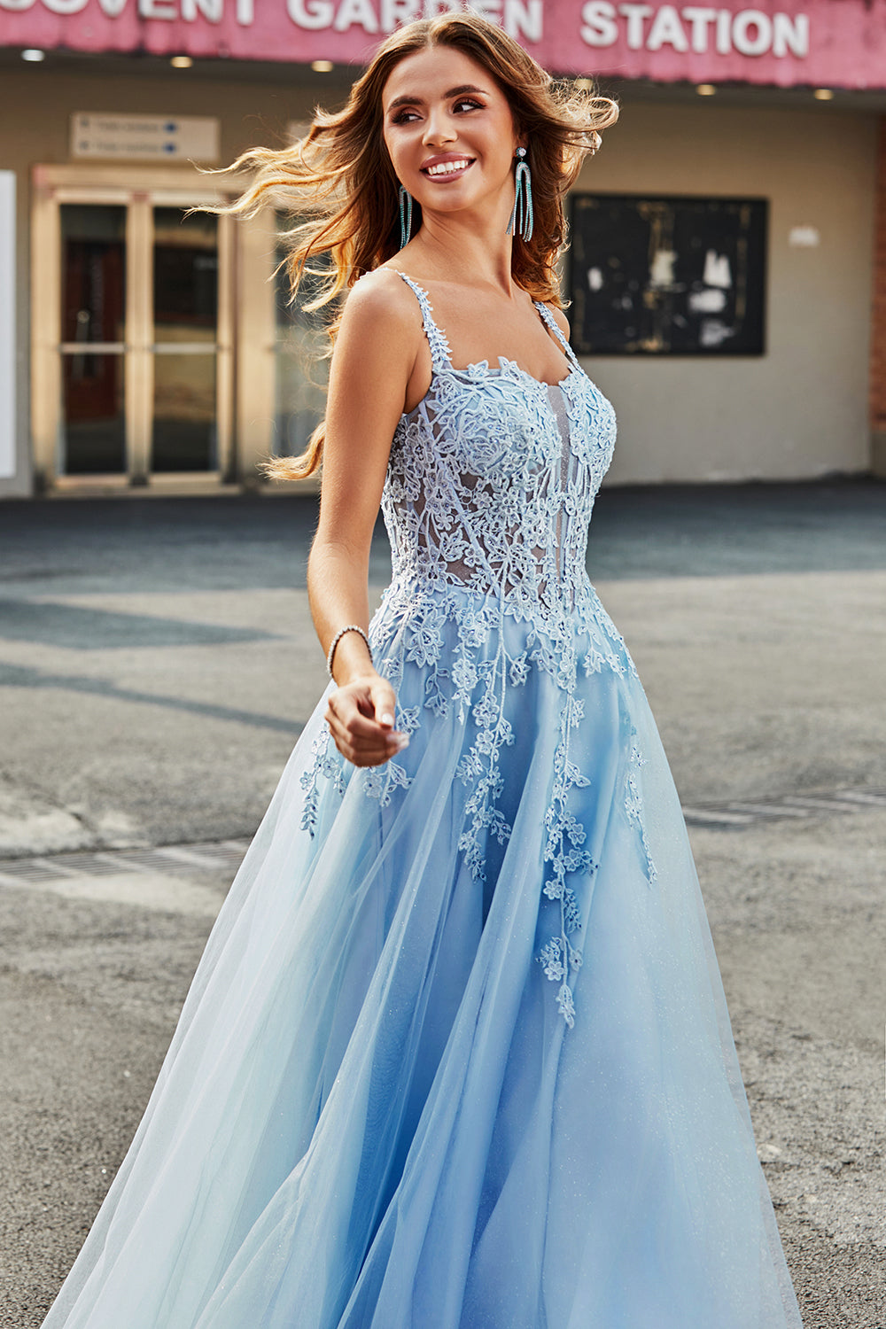 Light Blue A Line Spaghetti Straps Corset Prom Dress with Appliques Light Blue A Line Spaghetti Straps Corset Prom Dress with Appliques