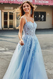 Light Blue A Line Spaghetti Straps Corset Prom Dress with Appliques