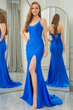 Royal Blue Mermaid Spaghetti Straps Beaded Long Prom Dress With Slit