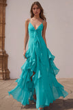 Dusty Blue Spaghetti Straps Chiffon A-Line Ruffled Bridesmaid Dress