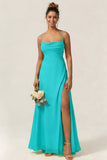 Green Flower A Line Spaghetti Straps Chiffon Long Bridesmaid Dress with Slit