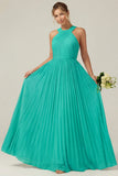 Dusty Sage A Line Halter Pleated Long Bridesmaid Dress