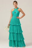 Lilac Halter Keyhole A Line Tiered Ruffle Pleated Bridesmaid Dress