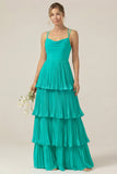 Dusty Sage Cowl Neck A Line Tiered Pleated Long Bridesmaid Dress