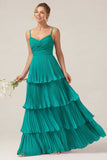 Dark Green A Line Ruched Pleated Spaghetti Straps Tiered Bridesmaid Dress