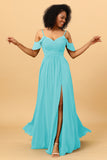 A Line Spaghetti Straps Long Chiffon Bridesmaid Dress With Slit