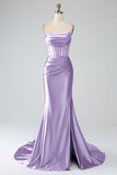 Mermaid Strapless Pleated Corset Long Royal Blue Prom Dress with Slit