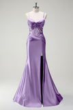 Dark Green Mermaid Spaghetti Straps Satin Prom Dress with Sheer Corset Bodice