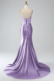 Mermaid Strapless Pleated Corset Long Royal Blue Prom Dress with Slit
