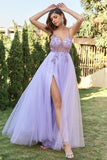 Lavender A-Line Spaghetti Straps Tulle Prom Dress with Beading