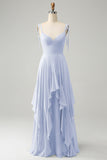 A Line Spaghetti Straps Chiffon Long Bridesmaid Dress with Ruffles