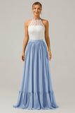 A-Line Halter Pleated Keyhole Chiffon Bridesmaid Dress With Lace