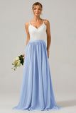 A-Line Spaghetti Straps Pleated Long Bridesmaid Dress With Lace