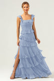 Dark Navy A-Line Square Neck Tiered Long Bridesmaid Dress