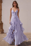 Dusty Blue Spaghetti Straps Chiffon A-Line Ruffled Bridesmaid Dress