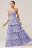 Dark Green A Line Ruched Pleated Spaghetti Straps Tiered Bridesmaid Dress