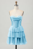 Tiered Strapless A Line Corset Blue Homecoming Dress