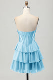 Tiered Strapless A Line Corset Blue Homecoming Dress
