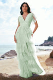 Green A-Line V Neck Ruched Tiered Long Bridesmaid Dress with Slit