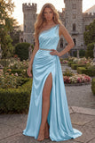One Shoulder Light Blue A Line Ruched Prom Dress with Slit