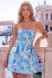 Pink Floral Jacquard Strapless A Line Homecoming Dress with Pearls