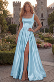 Blush Satin A Line Square Neck Pearl Prom Dress with Slit
