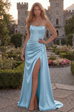 Strapless Corset Satin Burgundy Prom Dress with Slit