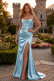 Navy Mermaid Satin Cowl Neck Maxi Prom Dress with Slit