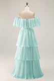 Dark Green Off The Shoulder Tiered A Line Long Bridesmaid Dress
