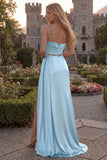 One Shoulder Light Blue A Line Ruched Prom Dress with Slit