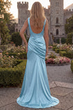 Dark Green Cowl Neck Mermaid Satin Prom Dress with Slit