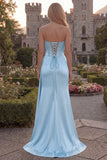 Strapless Corset Satin Burgundy Prom Dress with Slit