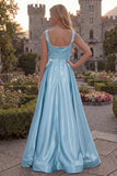 Blush Satin A Line Square Neck Pearl Prom Dress with Slit