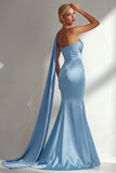 Burgundy Strapless Mermaid Satin Convertible Long Prom Dress with Streamer