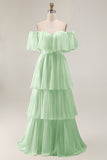 Dark Green Off The Shoulder Tiered A Line Long Bridesmaid Dress