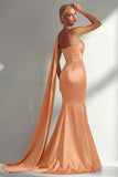 Burgundy Strapless Mermaid Satin Convertible Long Prom Dress with Streamer