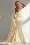 Burgundy Strapless Mermaid Satin Convertible Long Prom Dress with Streamer