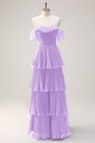Eucalyptus A-Line Off The Shoulder Tiered Pleated Floor Length Bridesmaid Dress