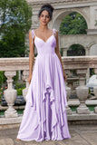 Pine A Line Spaghetti Straps Chiffon Long Asymmetrical Bridesmaid Dress with Ruffles