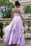 Pine A Line Spaghetti Straps Chiffon Long Asymmetrical Bridesmaid Dress with Ruffles