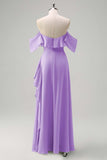 Light Green Sheath Off The Shoulder Chiffon Long Bridesmaid Dress with Ruffle Slit