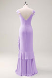 Dusty Sage Sheath V Neck Open Back Chiffon Long Bridesmaid Dress with Ruffles