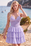 Halter Pearl Corset Tiered A Line Yellow Homecoming Dress