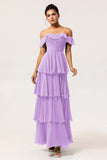 Eucalyptus A-Line Off The Shoulder Tiered Ruched Chiffon Long Bridesmaid Dress